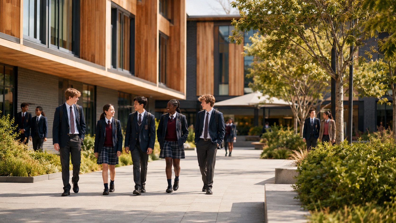 International students crossing a modern school courtyard